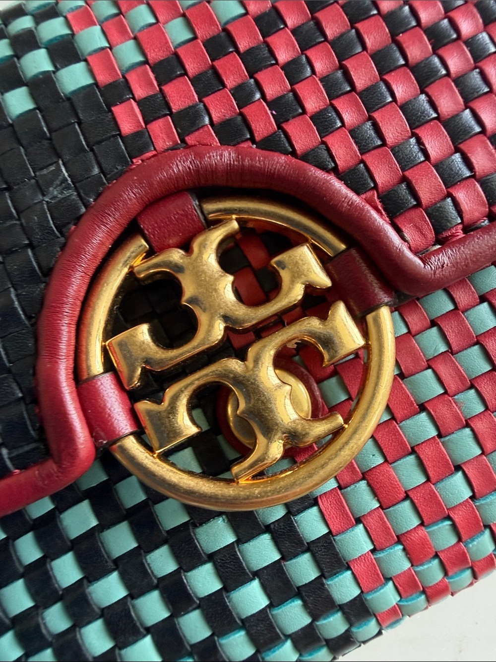 Tory Burch Woven Checker Compact Wallet - Red, Teal & Black - Picture 2 of 12